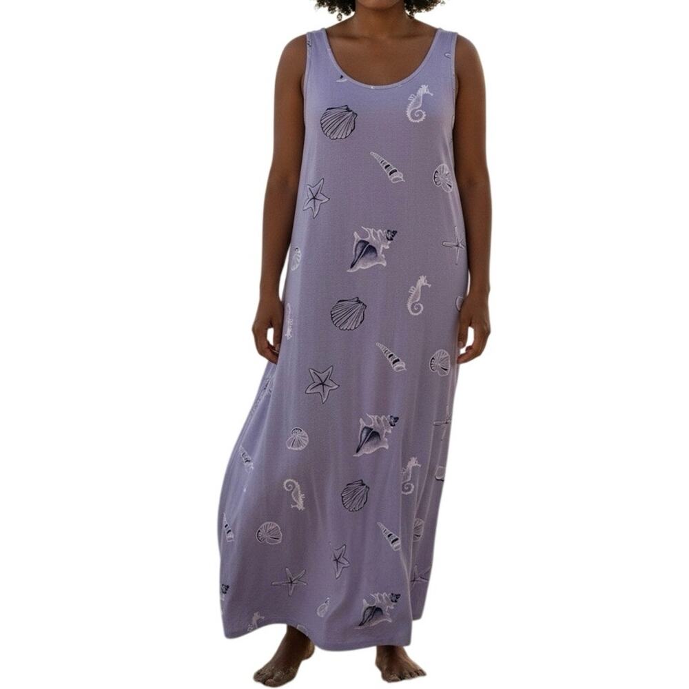 Vintage 80s Seashell Print Maxi Dress Purple Stretch Sz XL